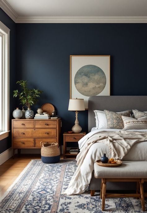 Blue Boho Girls Bedroom Natural And Blue Bedroom, Denim Blue Bedroom Walls, Blue On Blue Bedroom, Navy Blue Wall Bedroom, Navy Blue Girls Bedroom, Girls Bedroom Blue Walls, Navy Wall Bedroom, Navy Boho Bedroom, Blue Paint Bedroom