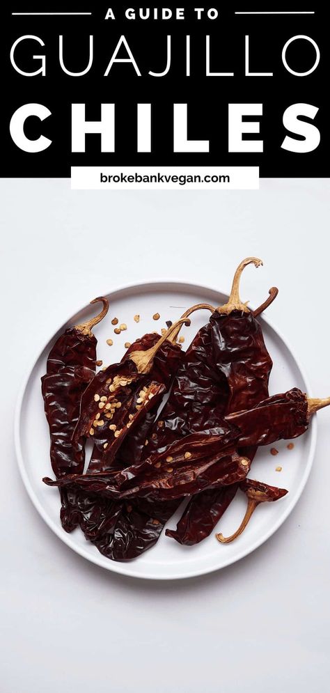 The chile guajillo (or guajillo pepper) is one of the most well-known and utilized chiles in Mexican cuisine. Find out everything you need to know in this detailed guide, including how to prepare them for some delicious plant-based recipes. #chileguajillo #driedchile Guajillo Peppers Recipes, Guajillo Chile Recipes, Guajillo Sauce, Chile Recipes, Chile Guajillo, Peppers Recipes, Meat Free, What To Cook, Mexican Food