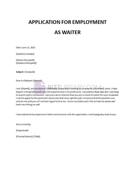 How to write an application letter as a waiter? Start by researching the restaurant values and include relevant skills and experience in your application. How To Write An Application Letter, Application Letter For Employment, Job Application Example, Application For Employment, Simple Application Letter, Job Application Letter Sample, Writing An Application Letter, Resume Form, Application Letter Sample