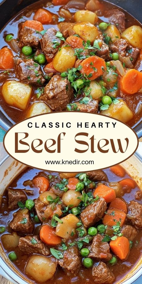 Classic Hearty Beef Stew  Ingredients:  2 lb beef chuck, cut into 1-inch cubes 2 tablespoons olive oil 1 large onion, chopped 3 garlic cloves, minced 3 large carrots, sliced 4 potatoes, diced 2 stalks celery, chopped 1 cup red wine (optional) 4 cups beef broth 2 tablespoons tomato paste 1 tablespoon Worcestershire sauce 2 bay leaves 1 teaspoon dried thyme Salt and pepper to taste 2 tablespoons fresh parsley, chopped (for garnish)  #Classic #Hearty #Beef #Stew Beef Stew With Worcestershire Sauce, Beef Stew For A Crowd, Old Time Beef Stew, Vegetable Beef Stew, Chunky Beef Stew, Beef Vegetable Stew, Beef Stew Ingredients, Thyme Salt, Hearty Stew