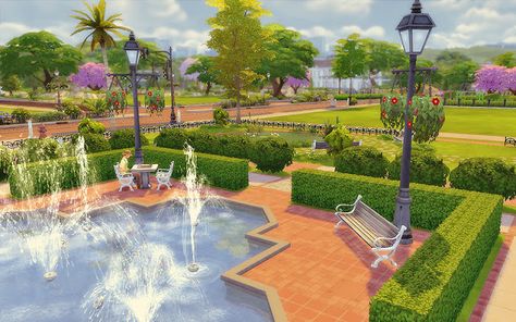 Sims 4 Houses and Lots: Newcrest National Park Sims Newcrest, Sims Park, Fountain Park, Sims 4 House Building, Aircraft Interiors, Sims Building, The Sims 4 Download, Sims Four, Landscape Design Plans