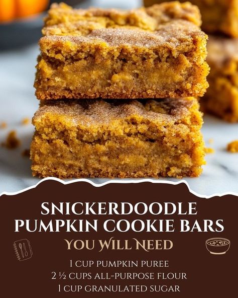 Flavorful Recipes | Snickerdoodle Pumpkin Cookie Bars 🎃🍪 | Facebook Pumpkin Cookie Bars, Snickerdoodle Cake, Chewy Bars, Snickerdoodle Bars, Snickerdoodle Cookie, Pumpkin Eater, Pumpkin Cookie, Pecan Cookies, Pumpkin Bars