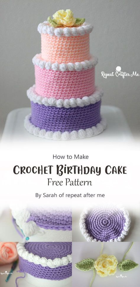 Cake Design 2023, Crochet Birthday Cake, Sunflower Granny Square Pattern, Easter Crochet Patterns Free, Crochet Birthday, Sunflower Granny Square, Crochet Cake, Crochet Organizer, Repeat After Me