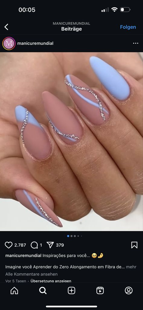 Beige And Blue Nails, Almond Nails Light Blue, Blue Nails With Diamonds, Blue Nude Nails, Blue Baby Shower Nails, Blue And Nude Nails, Light Blue Almond Nails, Cute Light Blue Nails, Gender Reveal Nails Ideas