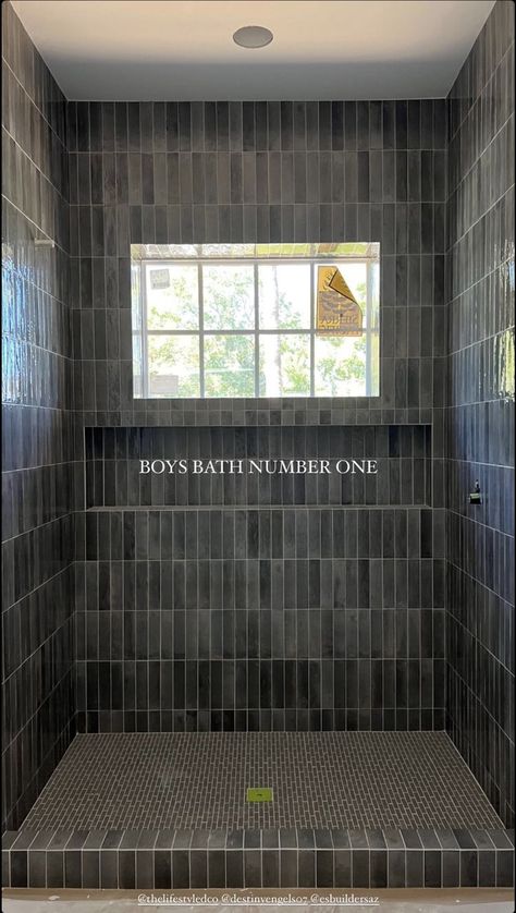 Gray Shower Tile, Black Subway Tiles, Subway Tiles Bathroom, Shower Products, Boy Bath, Window In Shower, Tub Tile, Downstairs Bathroom, Bathroom Redo