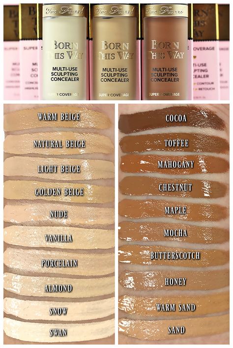 Too Faced Born This Way Super Coverage Multi-Use Sculpting Concealer Swatches Concealer Swatches, Born This Way Concealer, Foundation Swatches, Makeup 2018, Makeup Shades, Concealer Shades, Too Faced Concealer, Makeup Aesthetic, High End Makeup