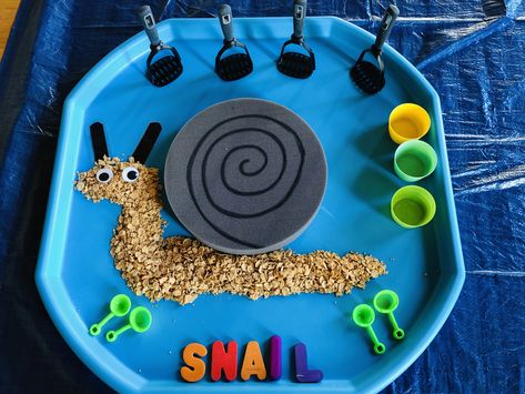 Minibeast Tuff Trays, Snail Sensory Play, Minibeasts Tuff Tray, Mini Beast Tuff Tray, Snail Activities For Preschool, Tuff Tray Ideas Toddlers, Snail And The Whale, Table Activities For Toddlers, Mini Beasts