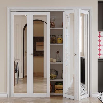 These doors fold into each other when opened to provide 90%+ access to your closets without taking up space within your room. Made with high-quality MDF material and tempered mirror, is not only beautiful but also durable and reliable. The mirror design can reflect your beauty. This door would be your best choice, just click and take it home. Size: 72" x 80" | Bi-fold Doors - Home Worthy 77.8" Solid Manufactured Wood Bi-Fold Door Glass in Green | 77.8 H x 72 W x 0.82 D in | Wayfair Stair Doors, Mirrored Bifold Closet Doors, Mirrored Closet Doors, Primary Closet, Folding Closet Doors, Folding Doors Interior, Fold Door, Mirror Closet Doors, Mirrored Door