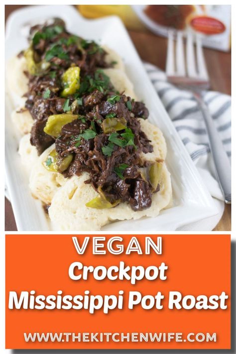 A platter of the Vegan Mississippi Pot Roast on a bed of bread dumplings Pot Roast Crockpot Easy, Pot Roast In Crockpot, Roast Recipe Crockpot, Pot Roast Mississippi, Crockpot Mississippi Pot Roast, Roast In Crockpot, Mississippi Pot Roast Crockpot, Pot Roast Crockpot, Roast Mississippi