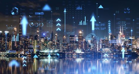 Smart city interface in night New York stock photo Smart City Illustration, Internet Of Things, City Illustration, Aesthetic Desktop Wallpaper, Smart City, Vector Illustrations, Double Exposure, Desktop Wallpaper, Stock Illustration