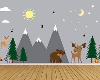 Mountain Wall Decal-Forest Wall Decals-Moose,Dear,Fox Wall Decals- Wall Decals-Sun and Moon, Stars Decals-Nursery Wall-TeePee-e167 Forest Wall Decals, Peel And Stick Wall Decals, Mountain Mural, Woodland Nursery Wall Art, Star Wall Decals, Kids Room Decals, Forest Wall Mural, Kids Room Wall Decals, Animal Wall Decals