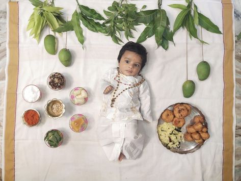 Ugadi Photoshoot For Babies At Home, Ugadi Baby Photoshoot Ideas, Ugadi Theme Photoshoot, Ugadhi Theme Baby Photoshoot, Ugadi Theme Baby Photoshoot, Anprashan Decoration At Home, Ugadhi Photos, Ugadi Photoshoot For Babies, Sankranthi Theme Baby Photoshoot