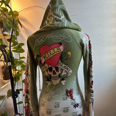 Ed Hardy By Christian Audigier Hooded Sweater~ LOVE KILLS SLOWLY ~Size S Green Love Kills Slowly, Love Kills, Christian Audigier, Ed Hardy, Hooded Sweater, Green, Plus Fashion, Outfit Inspo, I Love