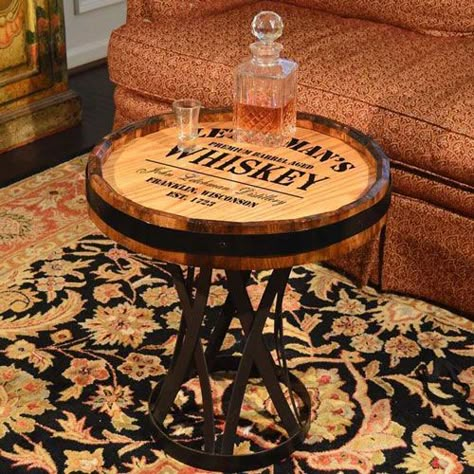 10 Great Whiskey Barrel Tables You Can Buy or DIY - All Gifts Considered Whiskey Barrel Coffee Table Diy, Whiskey Barrel Top Ideas, Whiskey Barrel Table Diy, Barrel Lid Ideas, Barrel Table Diy, Whiskey Table, Wine Barrel Diy, Diy Whiskey Barrel, Bourbon Barrel Decor