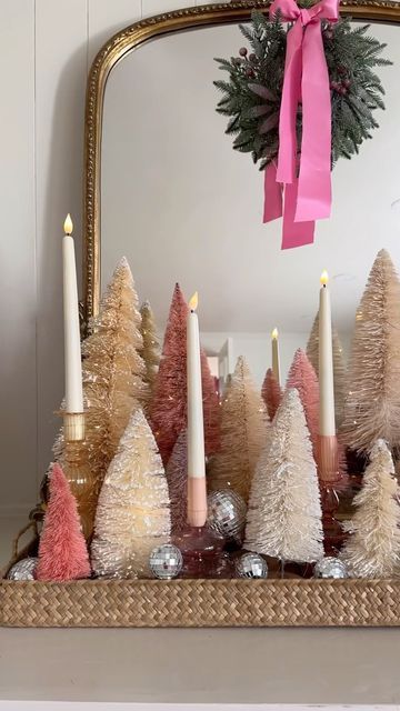 Bottle Brush Tree Village, Bottle Brush Christmas Trees Diy, Christmas Decor Ideas Girly, Christmas Decor Ideas Table Top, Diy Bottle Brush Christmas Tree, Pink And Green Christmas Table, Christmas Bottle Brush Tree Display, Bottle Brush Tree Ideas, Pink Christmas Mantle Decor