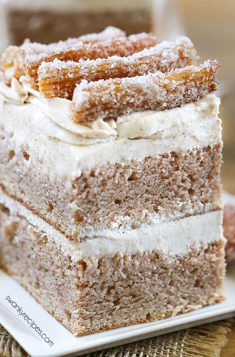 Churro Cake - Moist Mexican cinnamon butter cake with cream cheese buttercream frosting and churros. This decadent layer cake takes dessert to the next level! Churro Sheet Cake, Churro Cake, Mexican Cake, Cream Cheese Buttercream Frosting, Cream Cheese Frosting Cake, Cream Cheese Buttercream, Mexican Dessert Recipes, Cake With Cream Cheese Frosting, Brownie Desserts