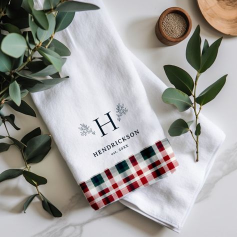 Featuring initial monogram surrounded by branches along with a last name and established date, and beautiful farmhouse plaid #ad Personalized Kitchen Towels, Monogram Kitchen, Beautiful Farmhouse, Personalized Kitchen, Initial Monogram, Christmas Table Cloth, Kids Nursery Decor, Newlywed Gifts, Kids Stationery