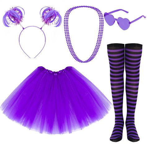 PRICES MAY VARY. 💜Tutu Costume Set Include: You will receive 1pcs feathers ponytails headband, 1pcs heart shape sunglasses, 1pcs tutus, 3pcs bead necklaces and 1 pair of red and purple striped knee socks. The Halloween tutu costume suit don't need to worry about how to match. Complete costume set can well meet your dressing needs. 💜Purple Tutu Skirt Suit Size: The purple tutu skirt length approx 40cm/16in, waist elastic range of 46-100cm/48-39in. The stripe socks about 70cm/27in. The purple ne Purple Tutu Skirt, Halloween Tutu Costumes, Ponytail Headband, Heart Shape Sunglasses, Tutu Women, Neon Dress, Costume Tutu, Tutu Skirt Women, Purple Tutu