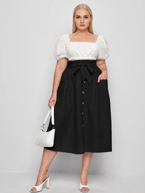 Plus Button Front Paperbag Waist Belted Skirt | SHEIN USA Belted Skirt, Midi Skirt Outfit, Fall Plus Size, Skirt Belt, Midi Skirts, Plus Size Skirts, Black Casual, Skirt Outfits, Waist Belt