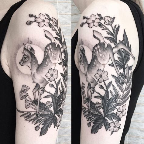 Magic little deer baby. Thanks again Elisa! #fawn #deertattoo #fawntattoo #blackworkerssubmission Black And Grey Deer Tattoo, Upper Arm Animal Tattoo, Floral Deer Tattoo, Deer Tattoo Meaning, Earth Tattoos, Fawn Tattoo, Deer Tattoos, Desert Tattoo, Doe Tattoo