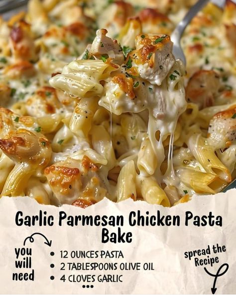 Garlic Parmesan Chicken Pasta, Parmesan Chicken Pasta, Creamy Pasta Bake, Resep Pasta, Spatchcock Chicken, Chicken Parmesan Pasta, Chicken Pasta Bake, Rotini Pasta, Garlic Parmesan Chicken