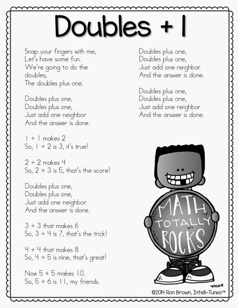 Ron Brown's Intelli-Tunes Doubles +1 song (MP3 & lyrics are included in the… Doubles Plus One Anchor Chart, Doubles Rap, Doubles Song, Teaching Doubles, Math Routines, 1st Grade Math Games, Math Songs, Doubles Facts, Math Anchor Charts