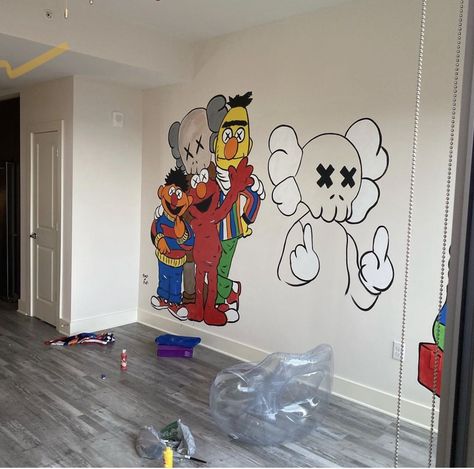 Kaws Wall Mural, Bedroom Drawings, Bedroom Art Painting, Art Painting Diy, Graffiti Room, Cartoon Wall Painting, Pink Canvas Art, Cute Diy Room Decor, Canvas Drawing