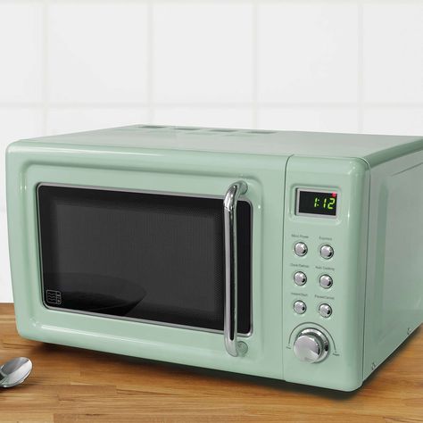 Retro 20L 800W Seafoam Digital Microwave | Dunelm Red Microwave, Pull Door Handle, Retro Kitchen Appliances, Black Microwave, Sage Green Kitchen, Seafoam Color, Kettle And Toaster, Digital Timer, Retro 1