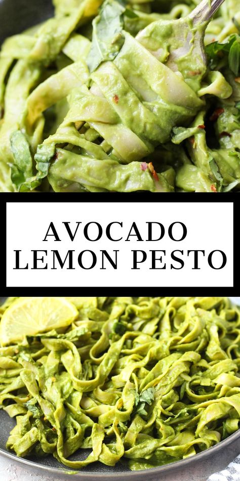 Craving pesto, but don't have any nuts?? This Avocado Lemon Pesto is for you! It's light, refreshing, and full of flavor. Plus it takes about 5 minutes to make, and it's so versatile! Add it to your favorite gluten-free pasta, use it as a sauce on top of grilled chicken or steak, or for a Whole30 option - toss it with vegetables! Pesto Avocado Sauce, Lemon Avocado Pasta, Gluten Free Pesto Recipes, Avacodo Recipe Idea Pasta, Keto Pesto Pasta, Vegan Gluten Free Pasta Sauce, Healthy Avocado Dinner Recipes, Chicken With Avocado Sauce, Avocado Pasta Sauce Recipes