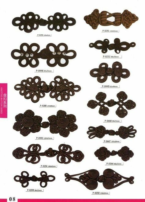 Beautiful varieties of frog closures. Knots Diy, Chinese Knot, Soutache Jewelry, Button Flowers, Filet Crochet, Historical Fashion, Celtic Knot, Sewing Techniques, Sewing Hacks