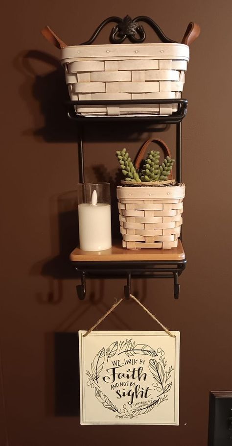 Decorating with Longaberger | Mustered up the courage to paint a couple baskets | Facebook Baskets In Bathroom, Decorating With Longaberger, Longaberger Basket Ideas, Longaberger Baskets, In Bathroom, Counter Tops, Basket Ideas, House Decor, Farmhouse Decor