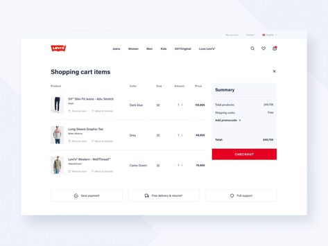 Levi's Store Concept - Basket by Luke Krzeminski Cart Design Website, Order Summary Ui Design, Shopping Cart Ui Design, Cart Page Design, Checkout Ui, Shopping Cart Design, Contact Us Page Design, Levis Store, Cart Design