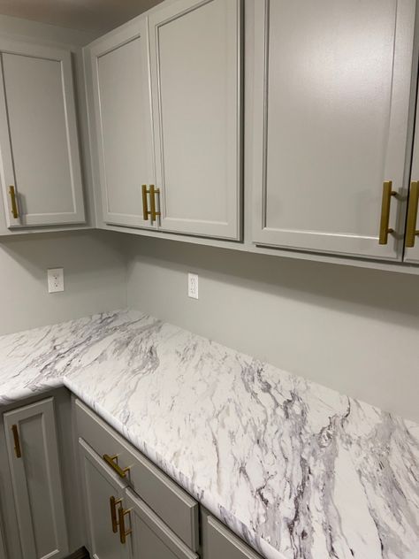 Cabinets Painted Grey (Color: Behr - Downtown Grey) Behr Grey Kitchen Cabinets, Behr Grey Cabinet Colors, Medium Grey Kitchen Walls, Downtown Gray Behr Paint, Home Depot Unfinished Cabinets, Behr Paint Colors Grey, Kitchen Cabinets Painted Grey, Medallion Cabinets, Grey Painted Kitchen