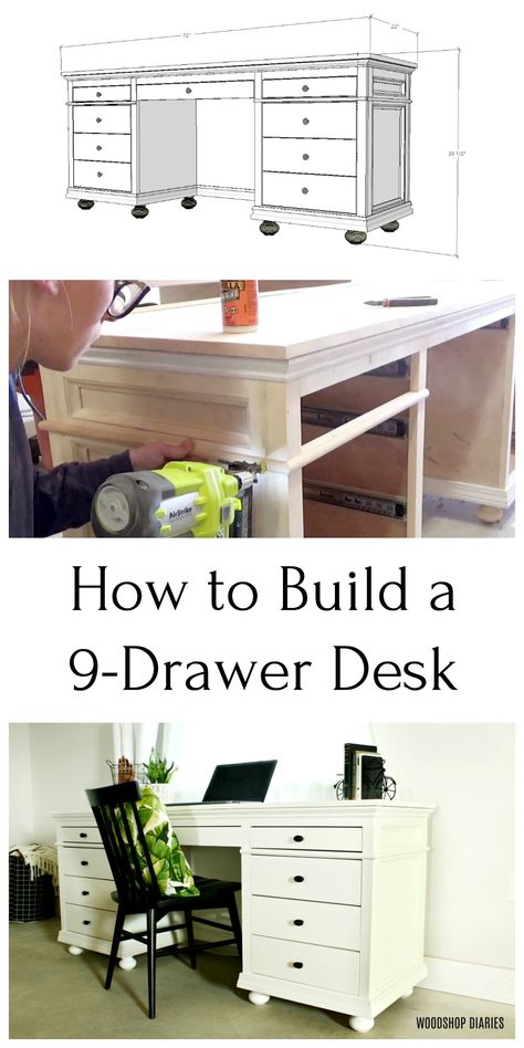 Can you believe this 9-drawer home office desk was a DIY project?  Build your own professional looking 9-drawer DIY storage desk with these plans!  This plan walks you through the build process with detailed instructions.  Perfect project for your home office! Diy Desk Plans With Drawers, Diy Executive Desk Plans, How To Build A Desk With Drawers, Diy Desk Ideas With Storage, Diy Desk Drawers, Diy Desk With Drawers, Desk Building Plans, Desk Plans Diy, Diy Storage Desk