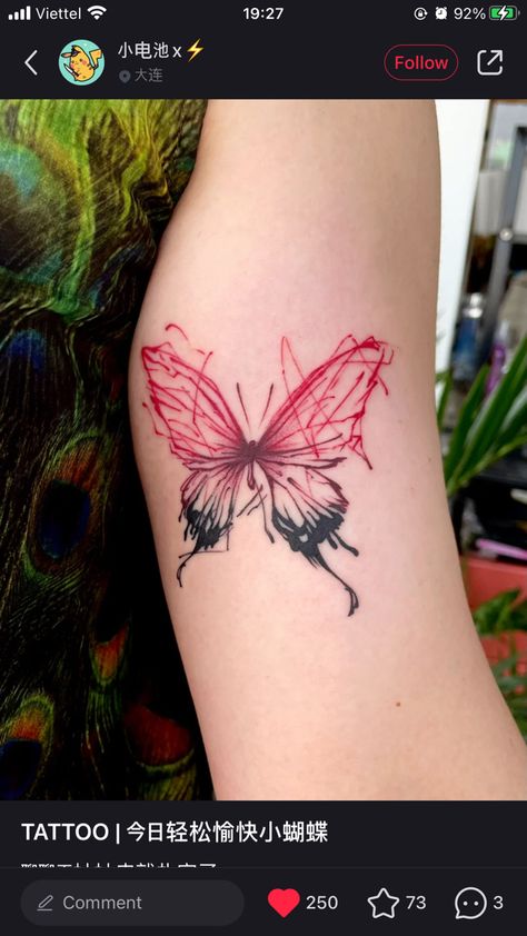 Black Tattoo With Red Accents, Black And Red Tattoos For Women, Red And Black Butterfly Tattoo, Colorful Butterfly Tattoo, Mandala Hand Tattoos, Hand And Finger Tattoos, Butterfly Tattoos For Women, Ribbon Tattoos, Fantasy Tattoos