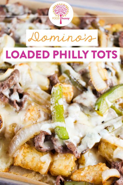 Philly Cheese Steak Loaded Tots, Philly Cheese Steak Tater Tots, Tater Tot Loaded, Dominos Loaded Tots, Loaded Tator Tots Recipes, Loaded Tater Tots Recipes Ground Beef, Cheesesteak Tater Tot Casserole, Tator Tots Recipes, Loaded Tots Recipes