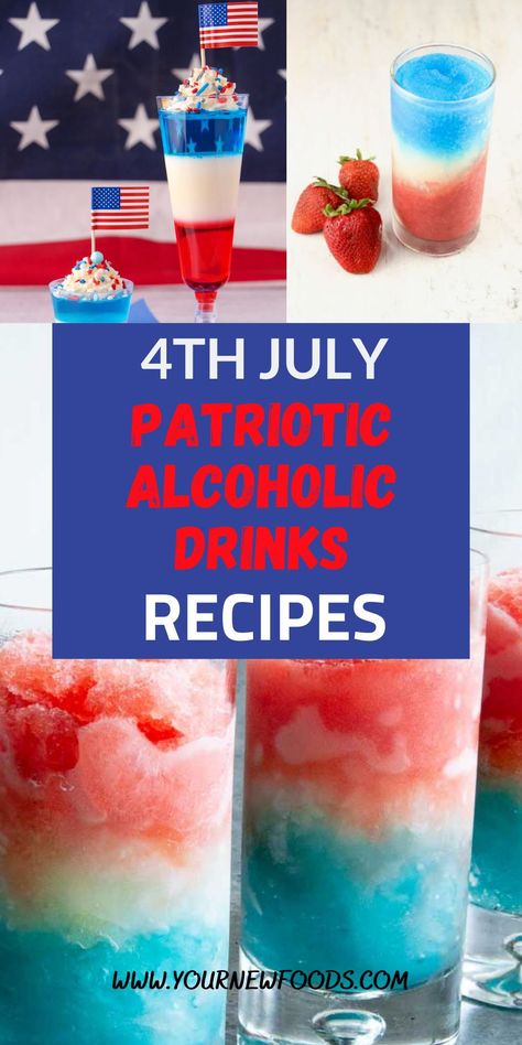 4th of July Alcoholic DrinksFourth of July is the biggest picnic day of the year, with cookouts and parties in just about every neighborhood.And there’s no better way to celebrate than with a festive drink in hand. From red, white and blue cocktails to jello shots and even patriotic ice cubes, these recipes are perfect for the Fourth of July. You’ll also find ideas for alcoholic punch here. Blue Cocktail Recipes, 4th Of July Drinks, July Cocktails, Patriotic Drinks, Fourth Of July Drinks, Patriotic Recipes, Patriotic Cocktails, 4th Of July Cocktails, Spiked Lemonade