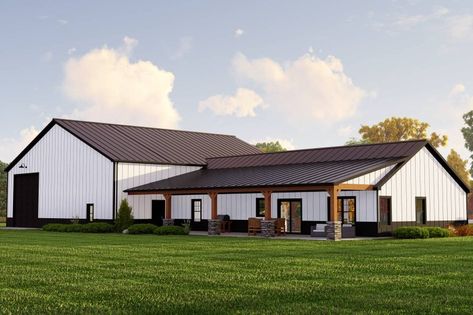 Country Style House Plan - 3 Beds 2 Baths 1896 Sq/Ft Plan #1064-161 - Houseplans.com Shop And House Combo Plans Rustic, 2 000 Sq Ft House Plans Open Floor Ranch, Pole Barn House Plans With Shop, Shop Home Floor Plans, Barndominium Ideas Floor Plans With Shop, Metal Building Colors Schemes, Ranch Barndominium, Shop And House Combo Plans, Morton Building Homes