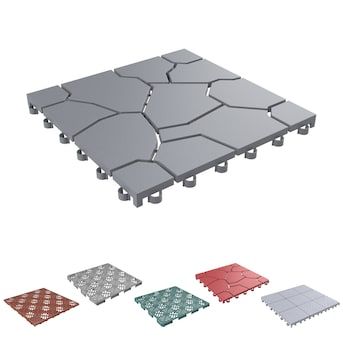 Nature Spring 0.5-in x 11.5-in-Pack Gray Stone Prefinished PVC Deck Tile in the Deck Tiles department at Lowes.com Ikea Patio Flooring Backyards, Ikea Flooring Outdoor, Outside Tiles Front Porches, Inexpensive Flooring Ideas Diy, Backyard Flooring Ideas, Patio Tiles Outdoor Flooring, Cheap Patio Floor Ideas, Outdoor Flooring Ideas, Interlocking Patio Tiles