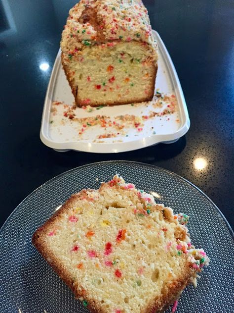 My Mother's Apron Strings: Rainbow Sprinkle Bread with Birthday Cake Crumb Topping Birthday Cake Bread, Crumb Topping Recipe, Rainbow Sprinkle, No Yeast Bread, Baking 101, Cake Bread, Crumb Topping, Bundt Cakes, Quick Breads