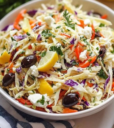 Mediterranean Diet & Recipes For Beginners | Mediterranean Coleslaw with a tangy lemon garlic vinaigrette | Facebook Lemon Garlic Vinaigrette, Mediterranean Diet Recipes For Beginners, Garlic Vinaigrette, Chicken Zucchini Casserole, Apple Walnut Salad, Classic Salad, Low Cholesterol Recipes, Healthy Yogurt, Chicken Zucchini