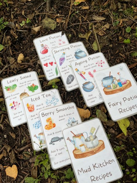 Mud Kitchen and Fairy Potion Cards, perfect for making outdoor play engaging! 🌸🧚🏼 Mud Kitchen Loose Parts, Mud Kitchen Recipes, Mud Kitchen Recipes Free, Diy Mud Kitchen Outdoor Play, Outdoor Potion Station For Kids, Mud Kitchen Recipe Cards Free, Potion Station For Kids, Mud Kitchen Activities, Mud Kitchen Recipe Cards