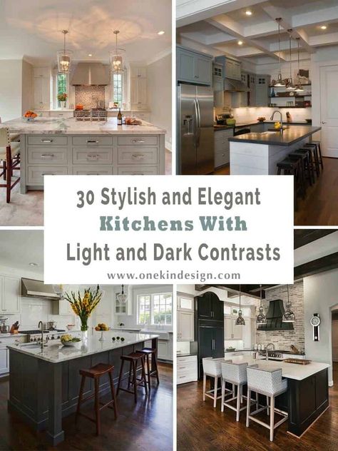 30 Stylish and elegant kitchens with light and dark contrasts Light Upper Cabinets Dark Lower, Paint Colors With Dark Cabinets, Kitchen Paint Colors With Dark Cabinets, Dark Lower Cabinets Light Upper, Contrast Kitchen, Dark Lower Cabinets, Dark Kitchen Floors, Inspiring Kitchens, One Wall Kitchen