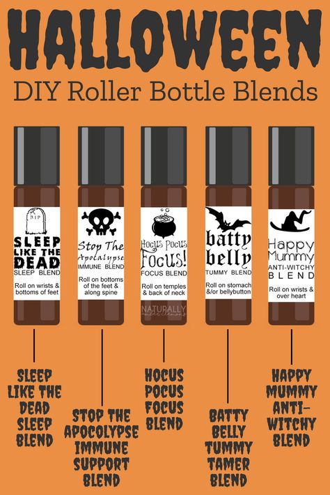 DIY Halloween Roller Bottle Recipes! Happy Mummy (Anti-Witchy Blend) Sleep Like The Dead (Sleep Support Blend) Stop The Apocalypse (Immune Support Blend) Hocus Pocus Focus (Focus Blend) Batty Belly (Tummy Tamer Blend) Essential Oil Party, Essential Oil Diy, Essential Oil Spray Recipes, Essential Oil Roller Bottle Recipes, Focus Blend, Fall Essential Oils, Nutmeg Essential Oil, Roller Bottle Recipes, Roller Blends