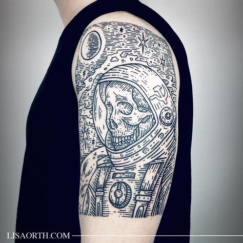 One of my favorite pieces of late, dead Cosmonaut for Devon, thanks so much for your trust. Artwork and photo © 2016 Lisa Orth. Do Not Duplicate. Pirate Map Tattoo, A Sleeve Tattoo, Voll Arm-tattoos, Woodcut Tattoo, Tattoo Uk, Engraving Tattoo, Literary Tattoos, Black White Tattoos, Full Arm Tattoos