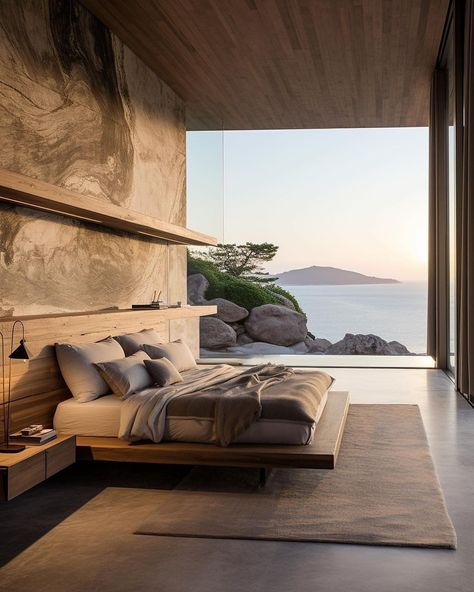 Villa on the Galician Coast, Spain Construction elegance and panoramic views of the Galician coast. @interior_home_design1 Design:… | Instagram Japanese Style Bedroom, Contemporary Lodge, Music House, Interior Home Design, Minimalism Art, Japanese Interior Design, Sanctuary Bedroom, Brick Architecture, Beach House Interior