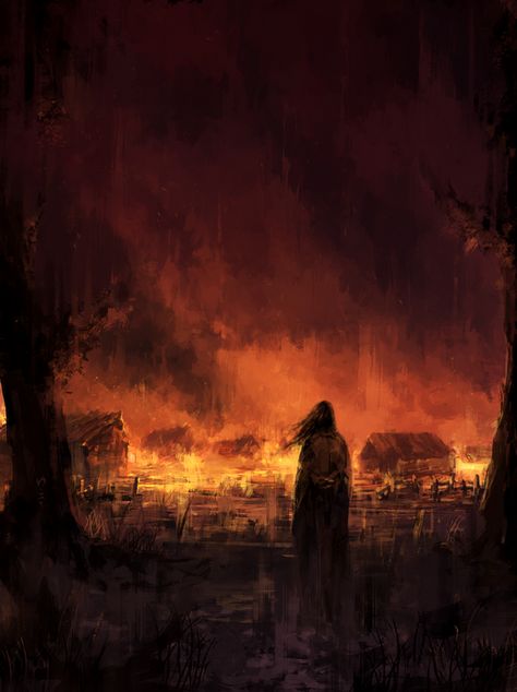 Burning Town Fantasy Art, Burning Village Aesthetic, House On Fire Painting, Fire Fantasy Aesthetic, Messiah Aesthetic, Village On Fire, Hostage Aesthetic, Fire Village, Town On Fire