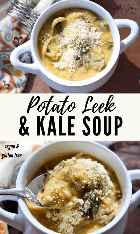 Potato Leek Soup with Kale – Kelly Jones Nutrition Kale Soup Vegan, Soup With Leeks, Soup With Kale, Vegan Potato Soup, Kale Soup Recipes, Kelly Jones, Potato Leek, Potato Leek Soup, Kale Soup