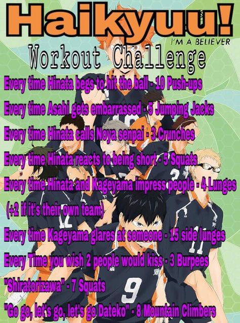 Anime workout game Bakugo Workout, Haikyuu Workout, Anime Workout Routine, Show Workouts, Anime Workouts, Nerdy Workout, Tv Show Workouts, Anime Workout, Hero Workouts