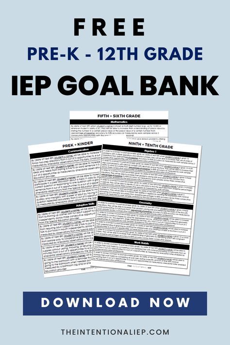 Calling all special education teachers! This FREE IEP Goal Bank is for you! Are you looking for a simple, effective way to write IEP goals? Are you tired of starting from scratch every time you write a student’s IEP goals? Using an IEP Goal Bank is a great way to save time writing IEP Goals. It allows you to take what you know about a student, and their present levels and determine an IEP goal that fits their needs without starting from scratch. Grab this FREE IEP Goal Bank here. Sipps Reading Intervention Organization, Iep Writing, Middle School Special Education, Intervention Specialist, Special Needs Teacher, Sped Classroom, Co Teaching, Self Contained Classroom, Classroom Strategies